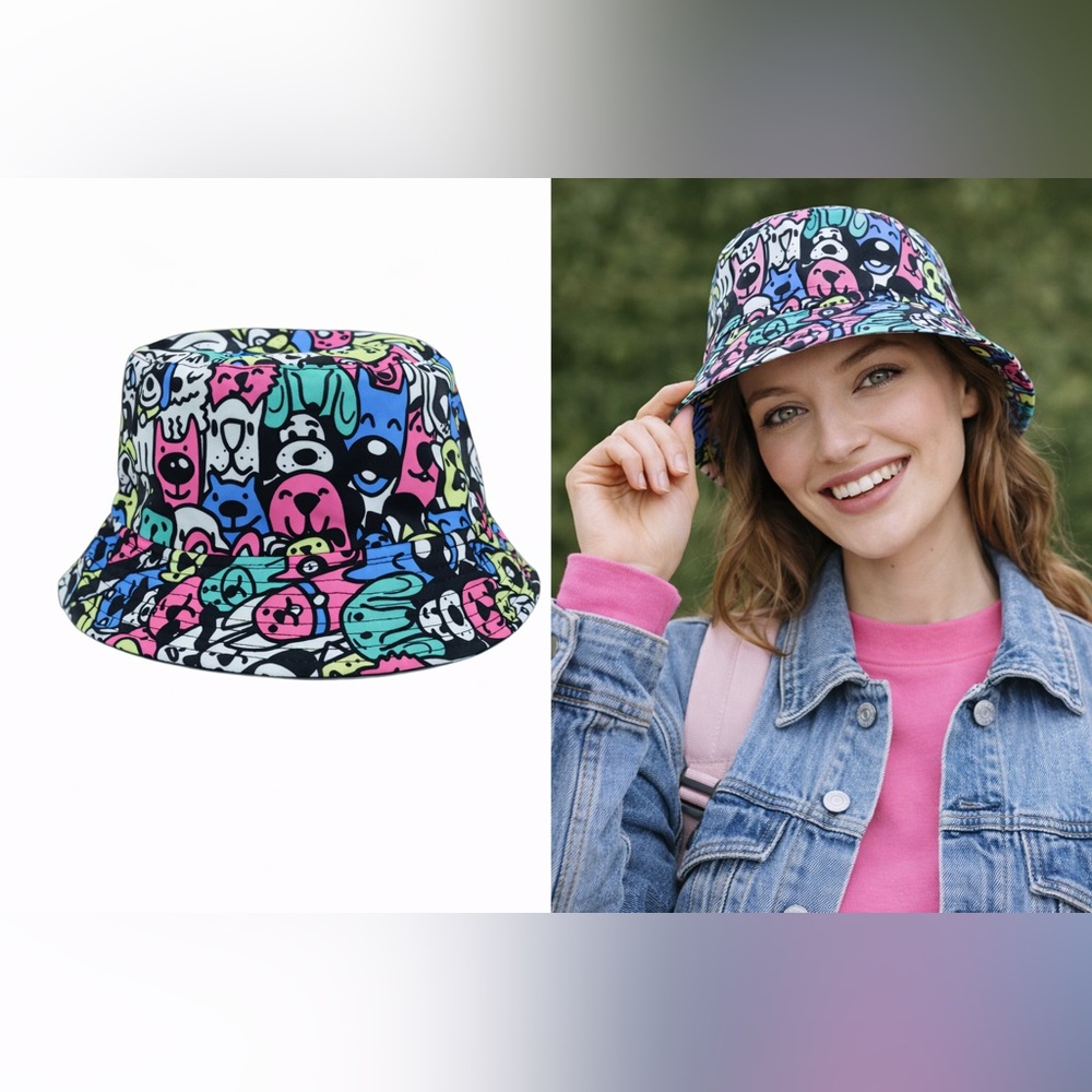🐶 NWOT! Pink & Blue Happy Dogs Bucket Hat